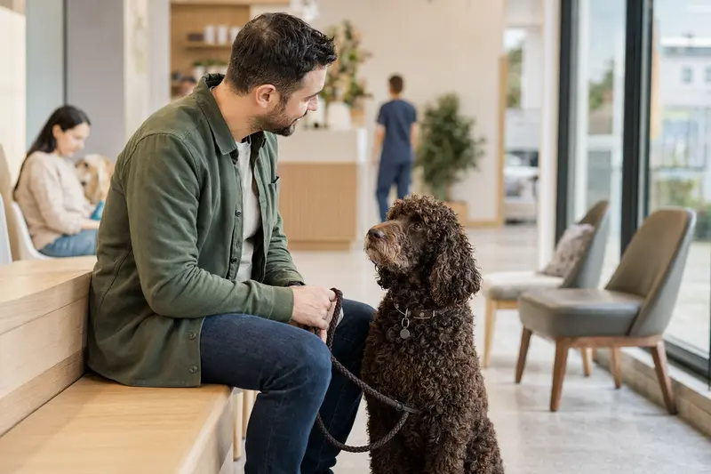 Ein Irish Water Spaniel sitzt ruhig neben seinem Besitzer im hellen Wartezimmer einer modernen Tierarztpraxis.
